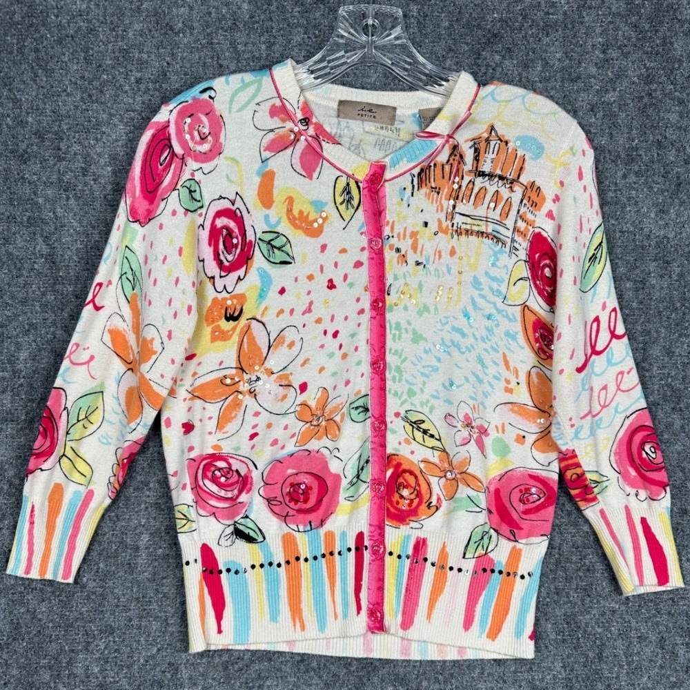 i.e. Womens Whimsical Floral Beaded Cardigan Sweater Med Petite Artsy Knit Twee